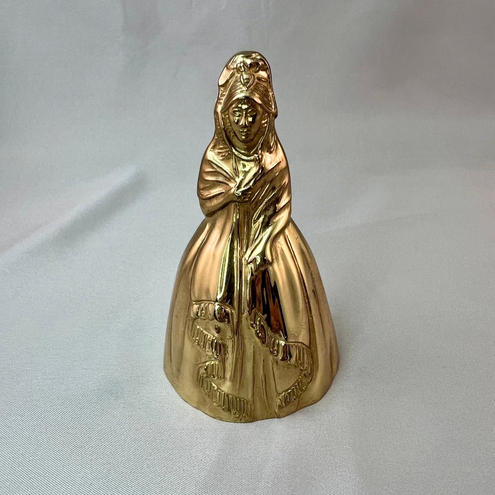 Vintage Brass Southern Belle Lady Hand Bell Victorian Figurine Gold Tone 4.25in